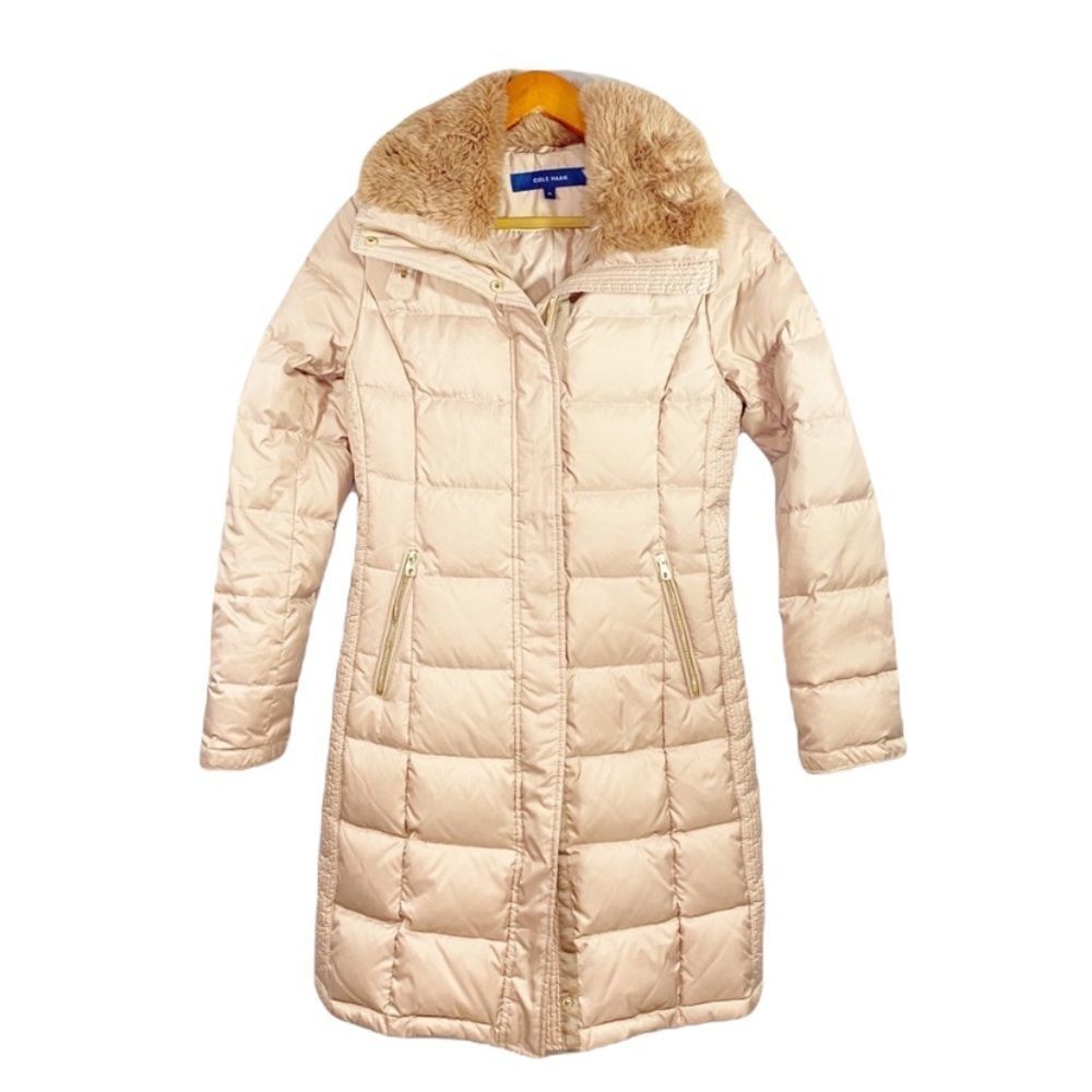Cole Haan Cream Puffer Coat with Faux Fur Collar
